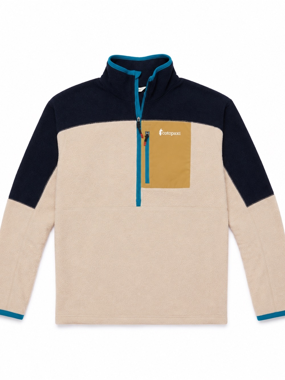 cotopaxi Beige Fleece Zip Pullover with Navy Shoulders and Mustard Chest Pocket